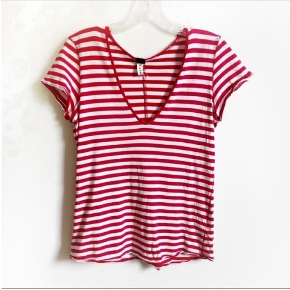 We the Free Avery tee red white striped v neck cotton - Picture 2 of 8